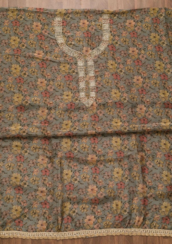 Grey Printed Organza Unstitched Salwar Kameez-Koskii
