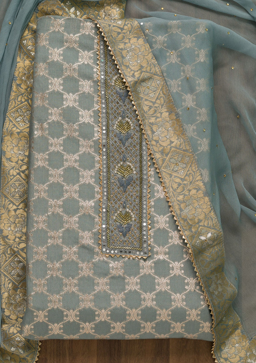 Grey Cutdana Semi Crepe Unstitched Salwar Suit-Koskii