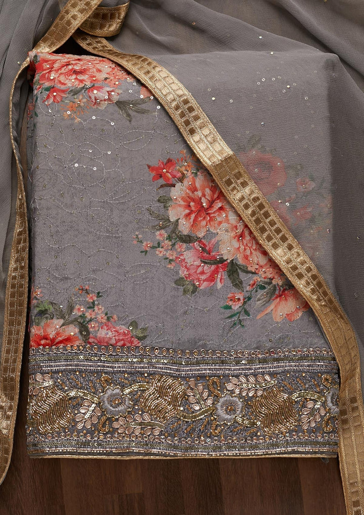 Grey Cutdana Semi Crepe Unstitched Salwar Suit - Koskii