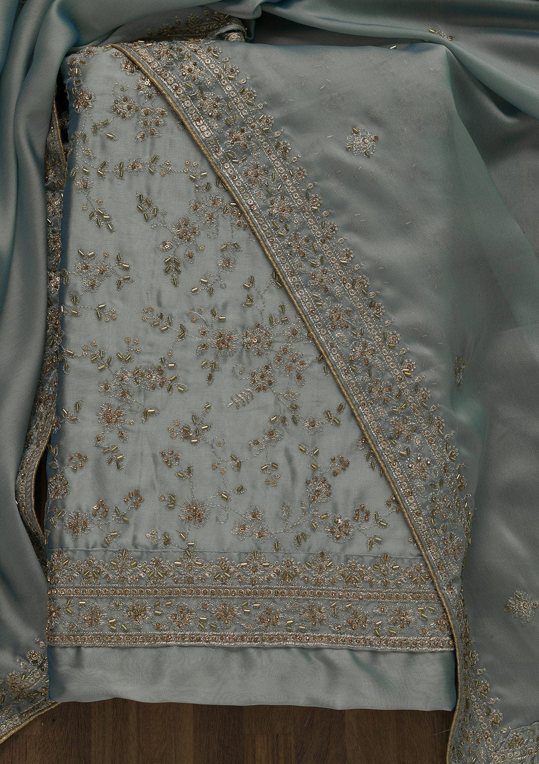 Grey Cutdana Semi Crepe Unstitched Salwar Kameez-Koskii