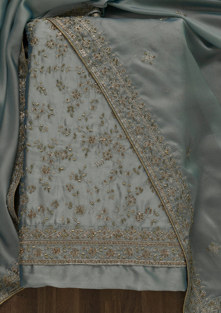 Grey Cutdana Semi Crepe Unstitched Salwar Kameez-Koskii