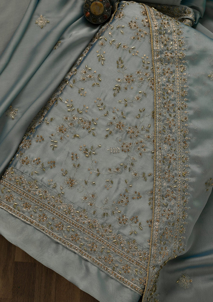 Grey Cutdana Semi Crepe Unstitched Salwar Kameez-Koskii