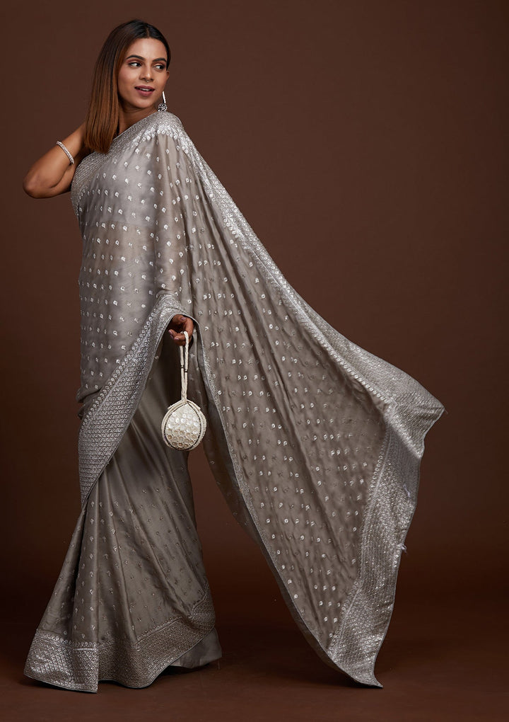 Grey Silver Zariwork Georgette Saree-Koskii