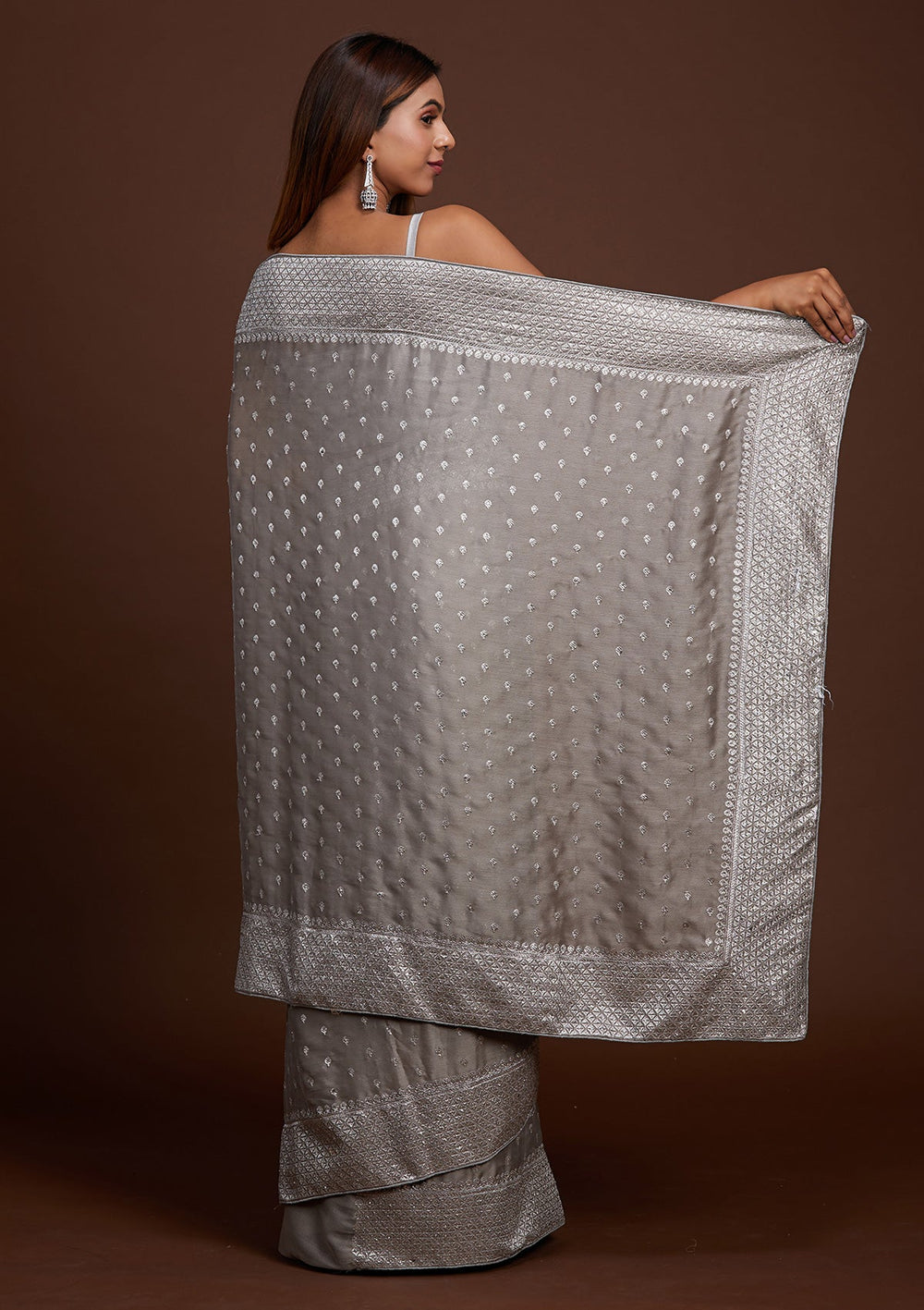 Grey Silver Zariwork Georgette Saree-Koskii