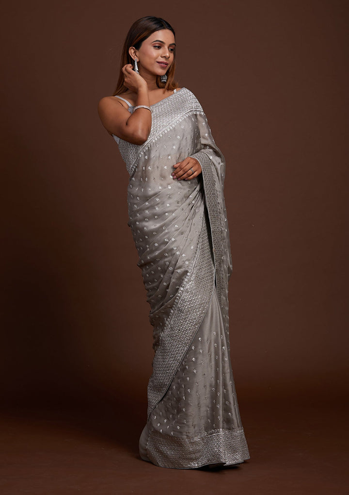 Grey Silver Zariwork Georgette Saree-Koskii