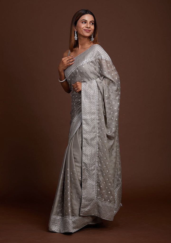 Grey Silver Zariwork Georgette Saree-Koskii