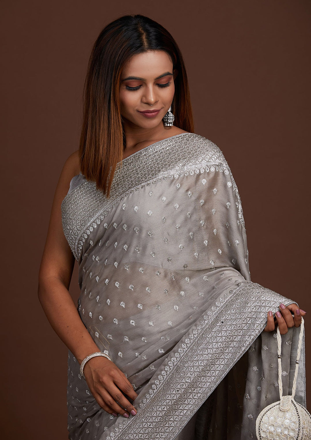 Grey Silver Zariwork Georgette Saree-Koskii