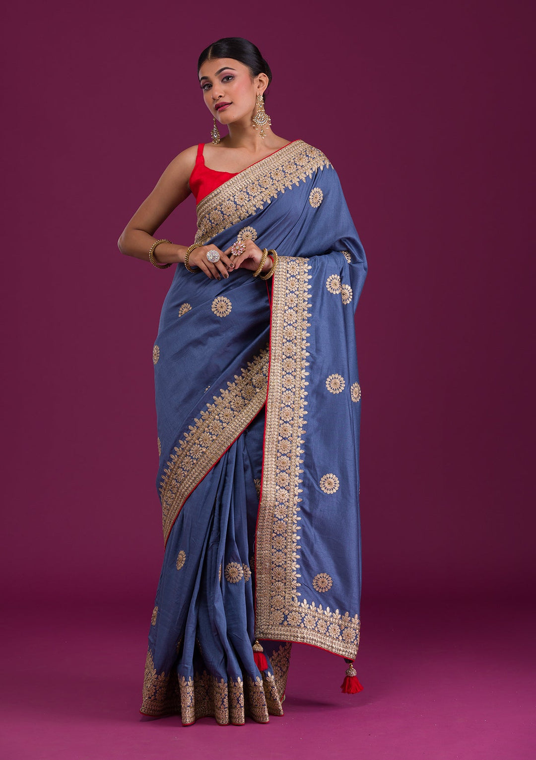 Grey Gotapatti Taffeta Silk Saree-Koskii