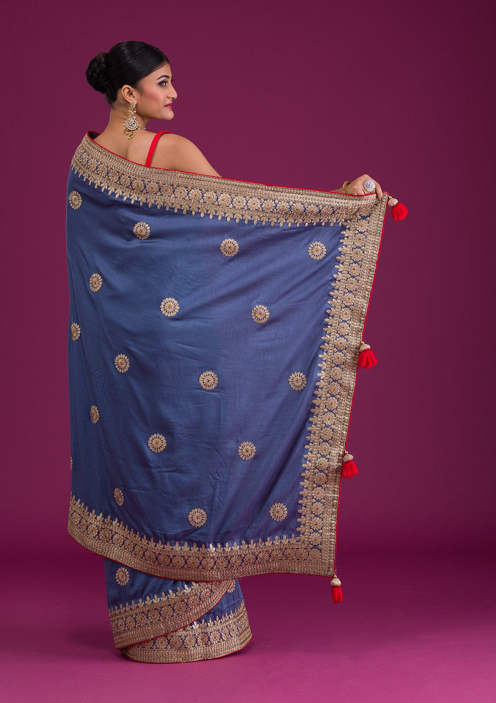 Grey Gotapatti Taffeta Silk Unstitched Saree-Koskii