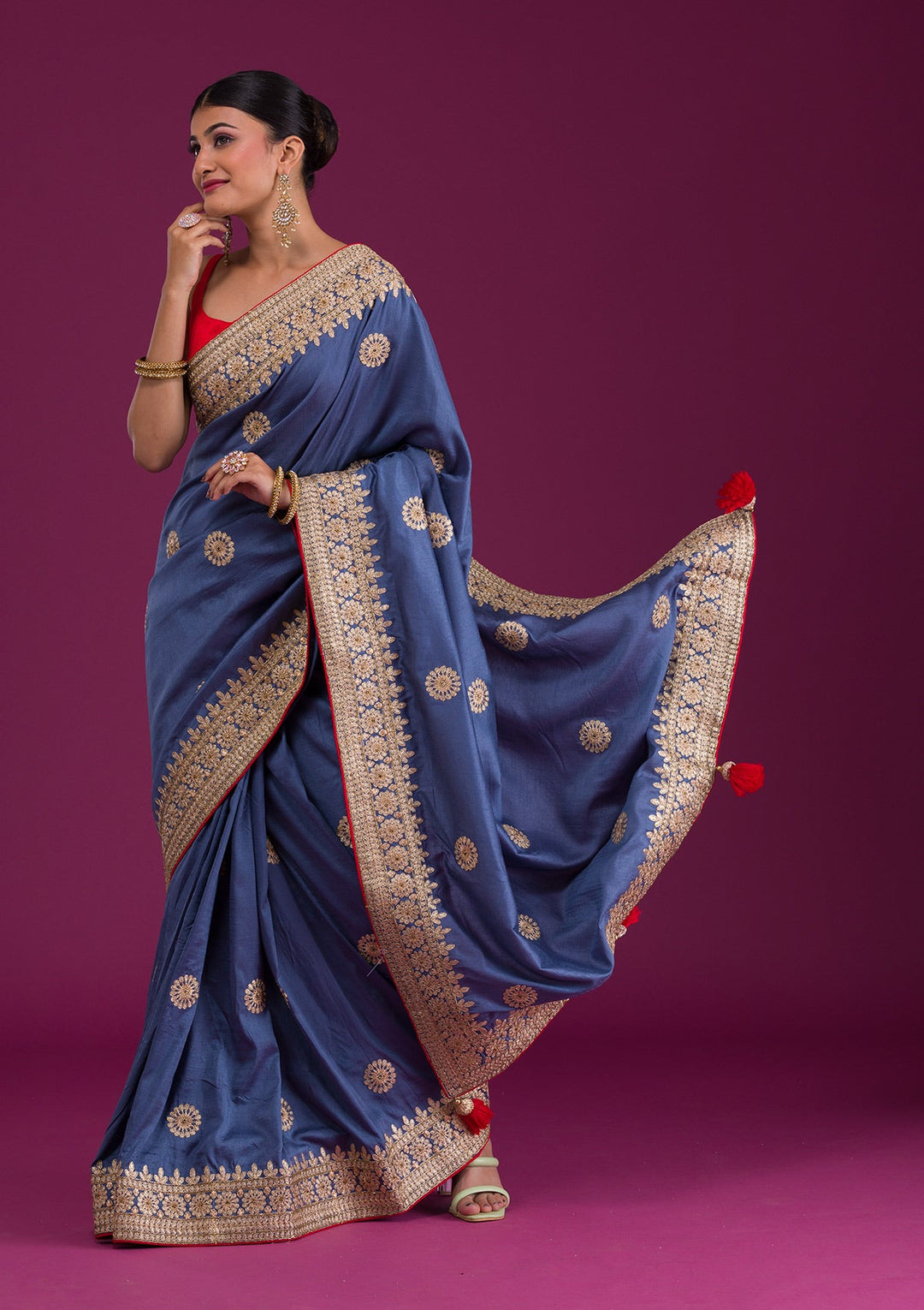Grey Gotapatti Taffeta Silk Unstitched Saree-Koskii