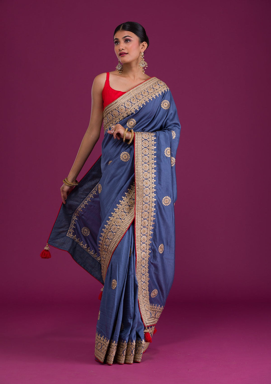Grey Gotapatti Taffeta Silk Unstitched Saree-Koskii