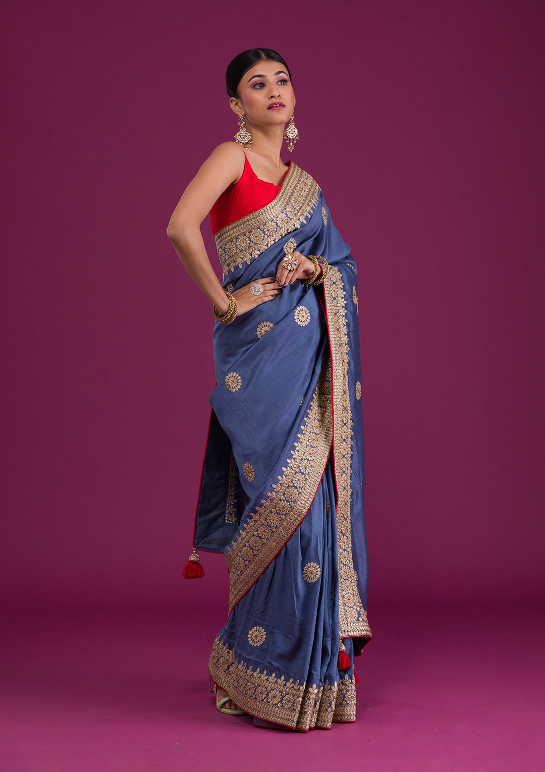 Grey Gotapatti Taffeta Silk Unstitched Saree-Koskii