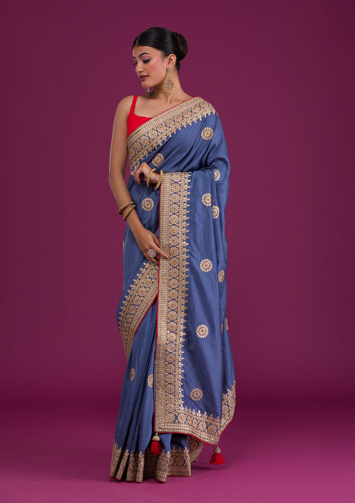 Grey Gotapatti Taffeta Silk Unstitched Saree-Koskii