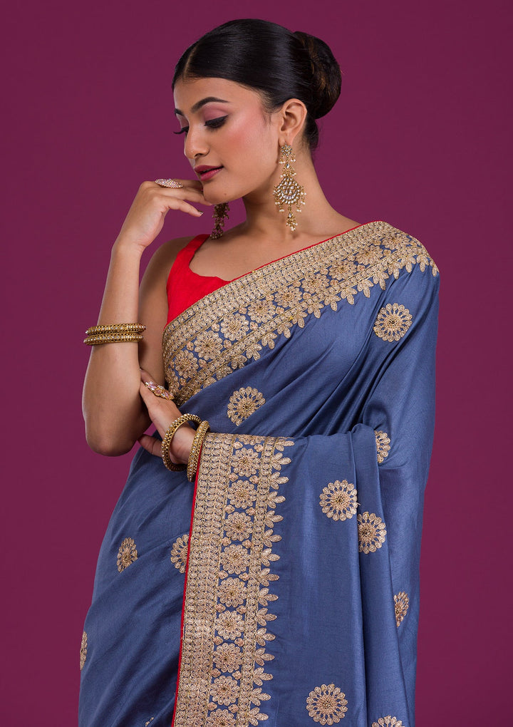 Grey Gotapatti Taffeta Silk Unstitched Saree-Koskii