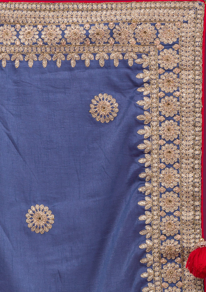 Grey Gotapatti Taffeta Silk Unstitched Saree-Koskii