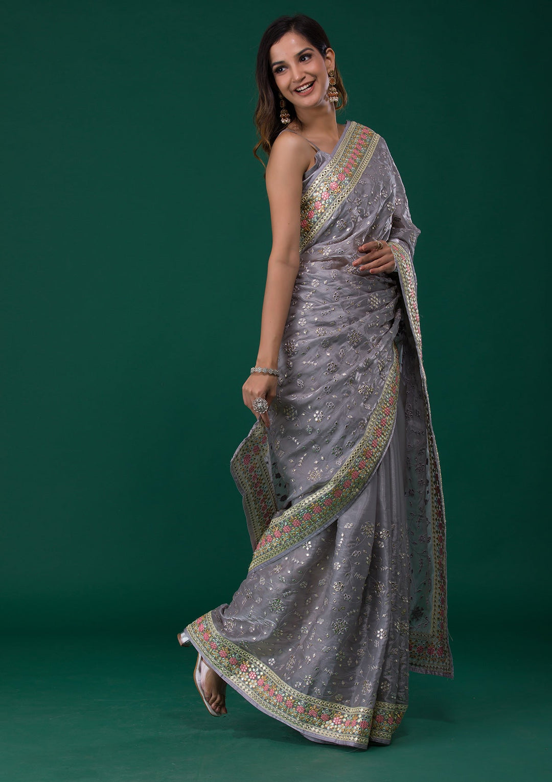 Grey Gotapatti Tissue Saree-Koskii