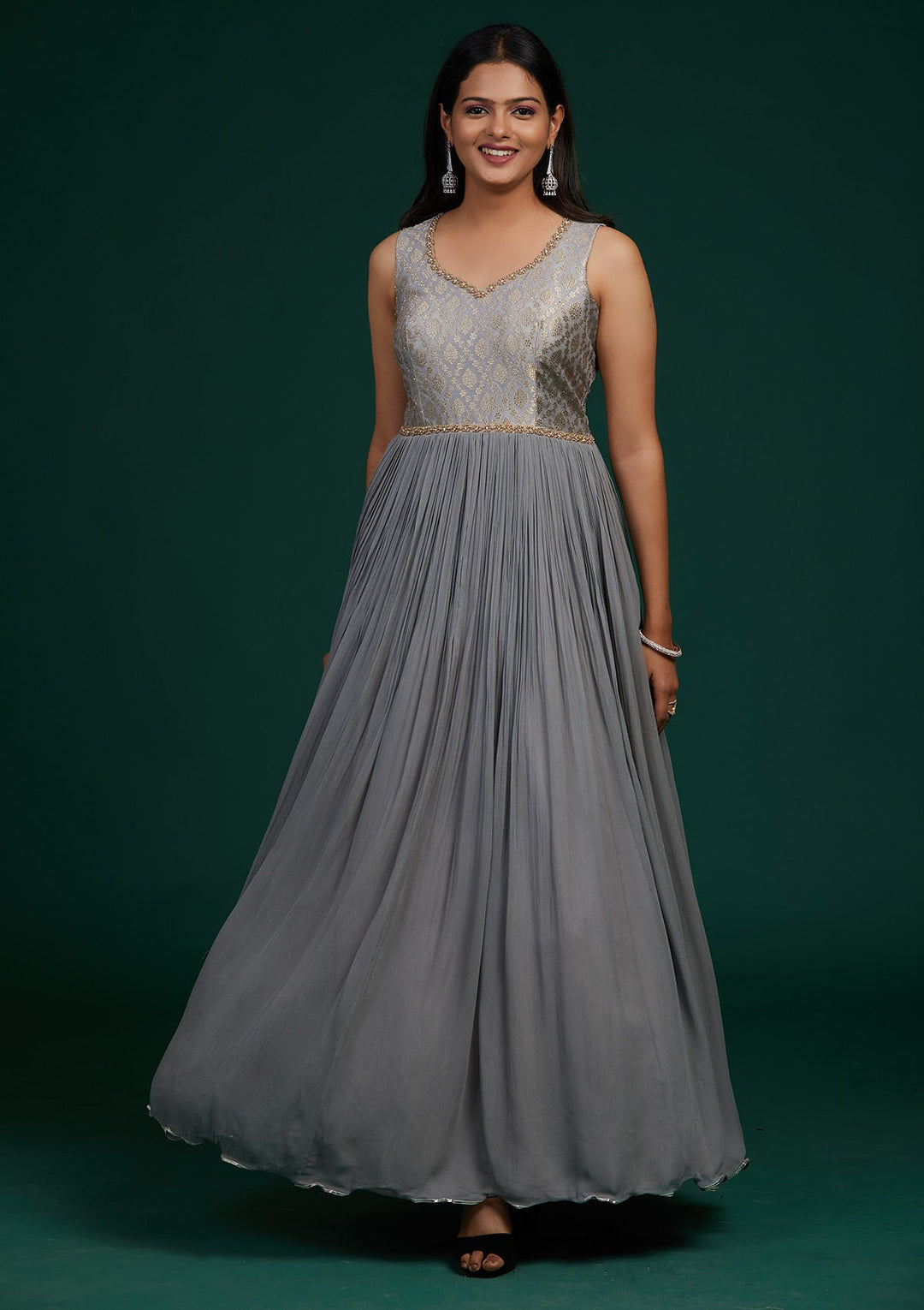 Grey Pearlwork Georgette Designer Anarkali Suit-Koskii