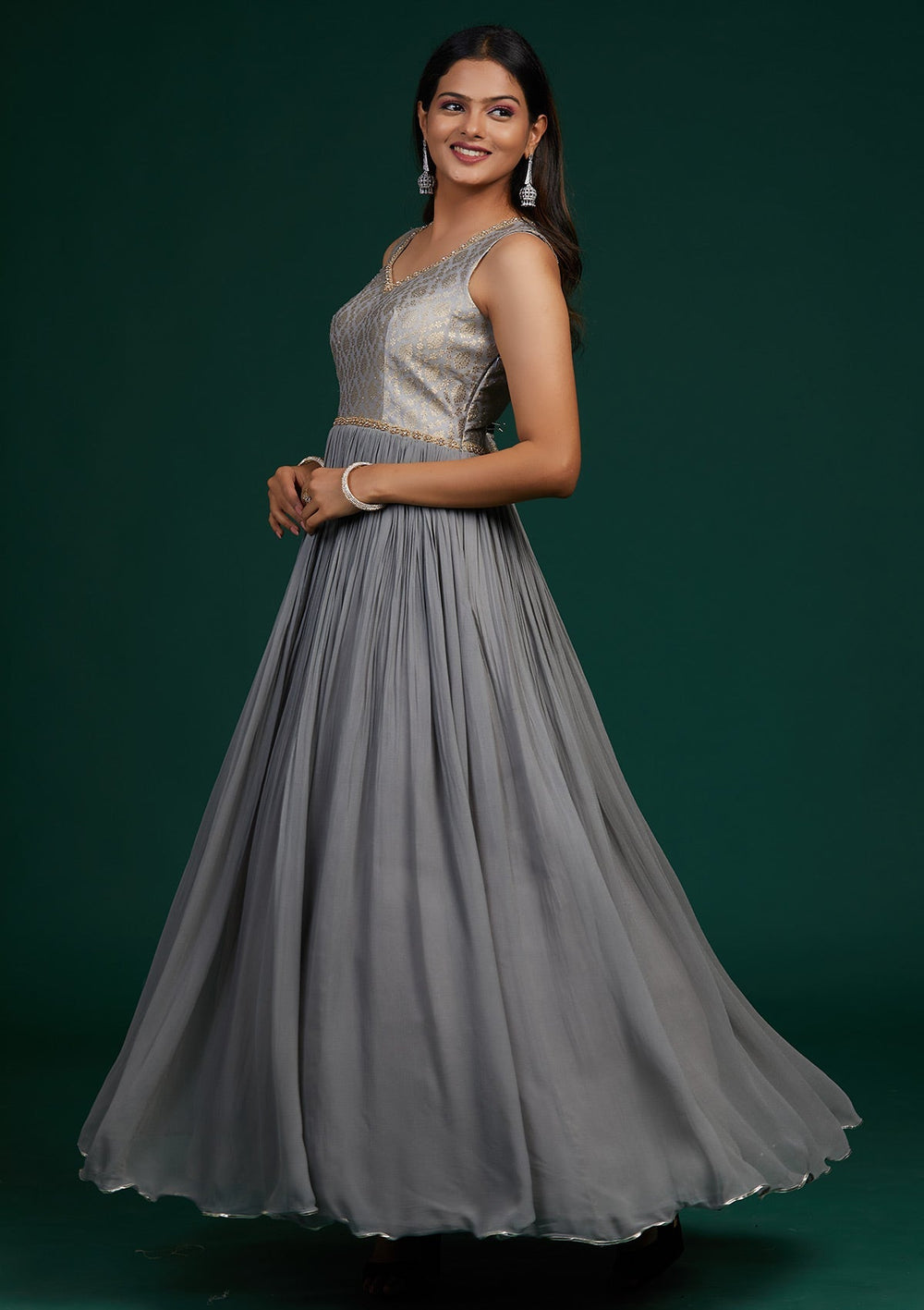 Grey Pearlwork Georgette Designer Anarkali Suit-Koskii