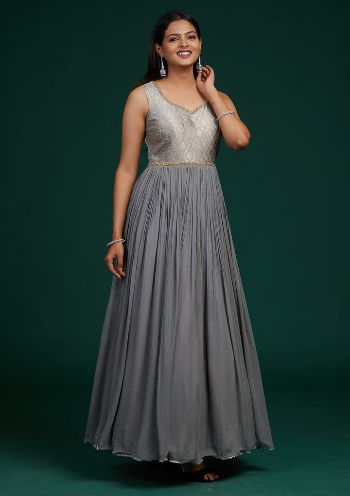 Grey Pearlwork Georgette Designer Anarkali Suit-Koskii