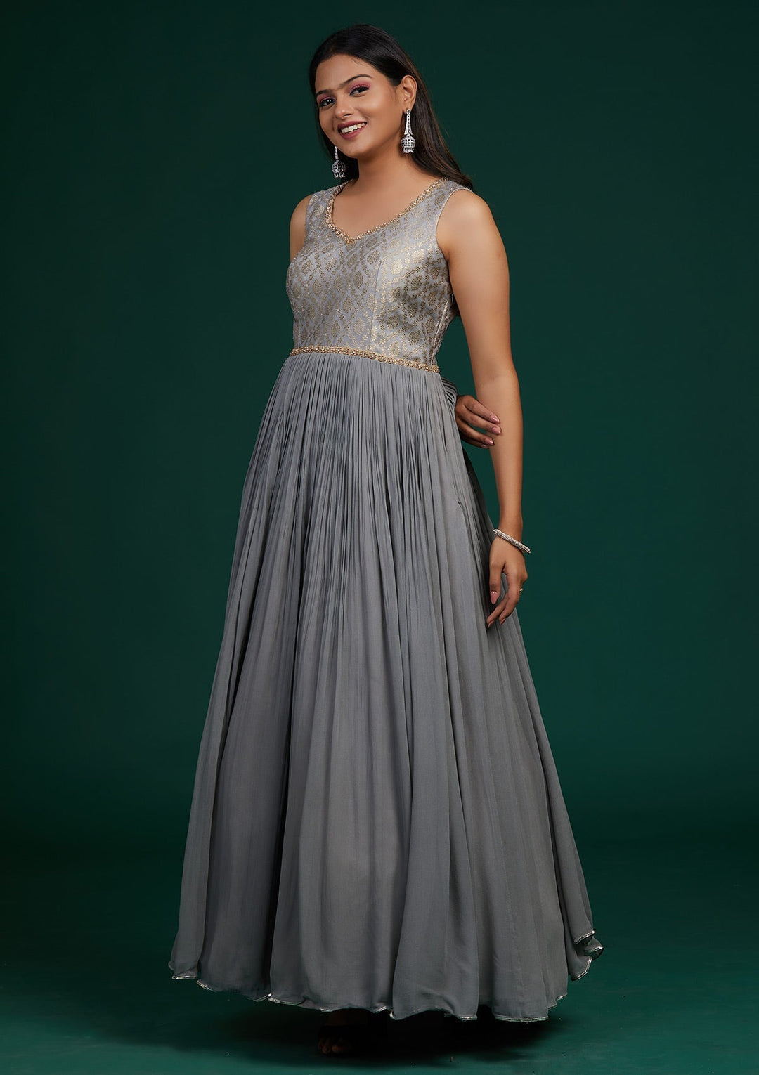 Grey Pearlwork Georgette Designer Anarkali Suit-Koskii