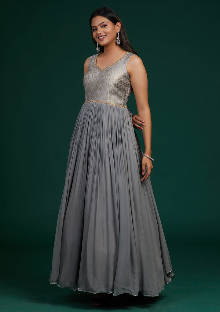 Grey Pearlwork Georgette Designer Anarkali Suit-Koskii