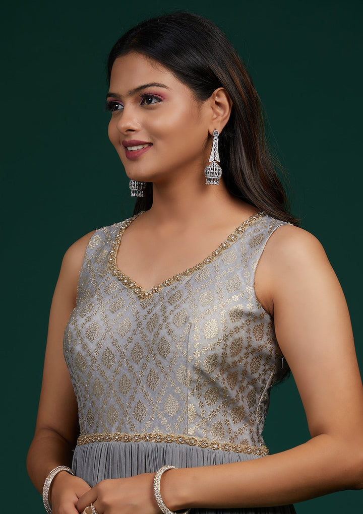 Grey Pearlwork Georgette Designer Anarkali Suit-Koskii
