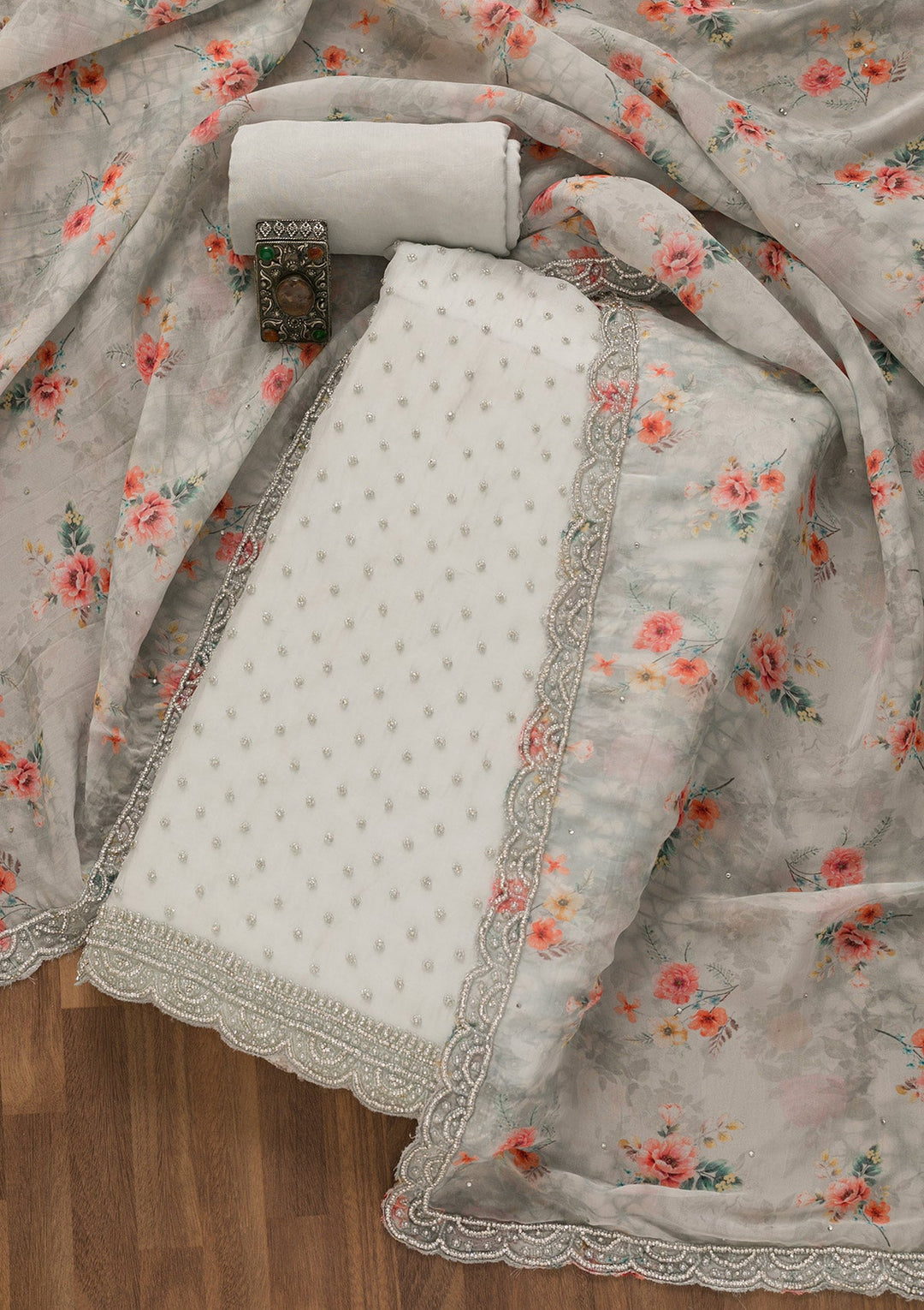 Grey Cutdana Organza Unstitched Salwar Kameez-Koskii