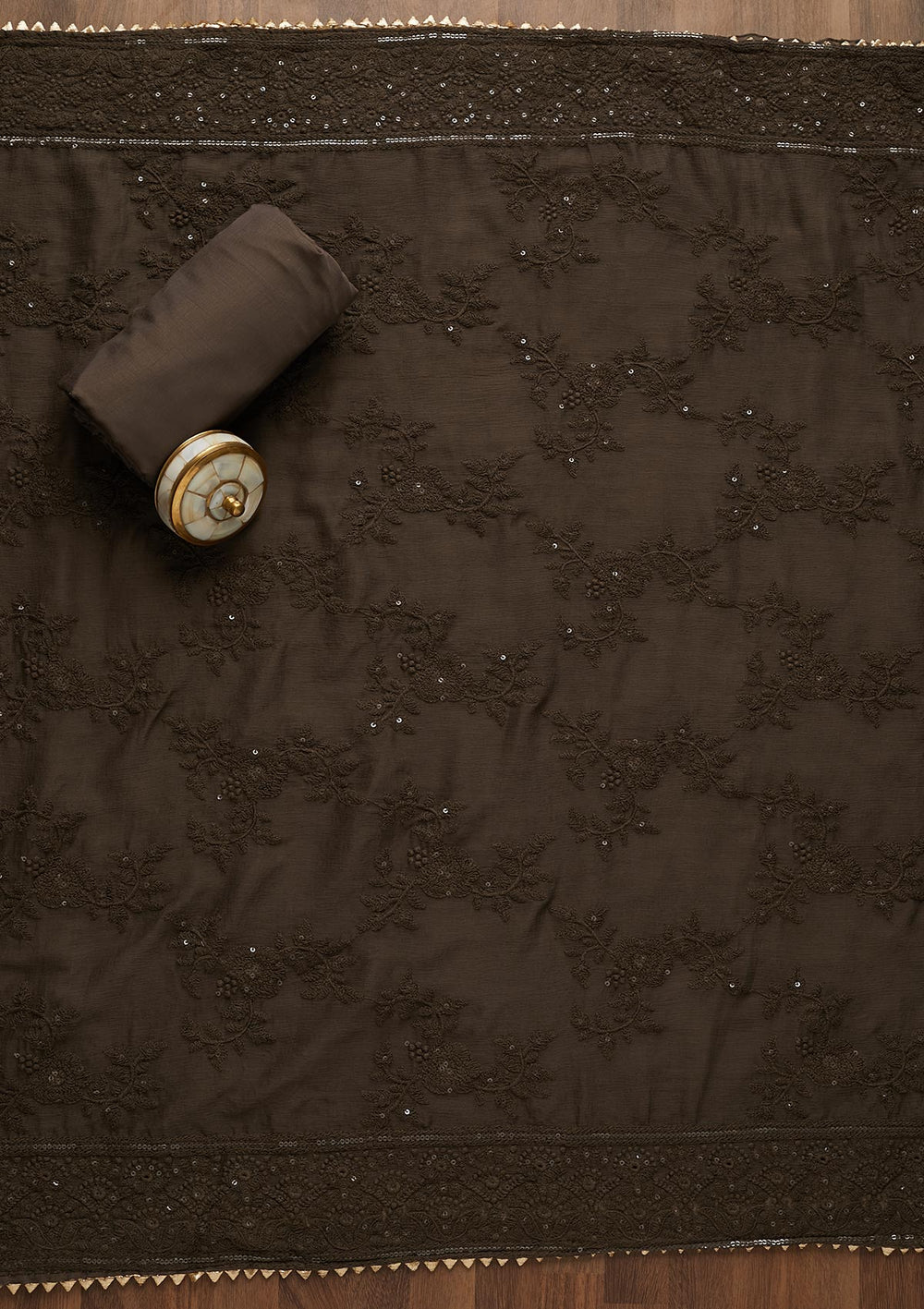 Grey Printed Chanderi Unstitched Salwar Suit-Koskii