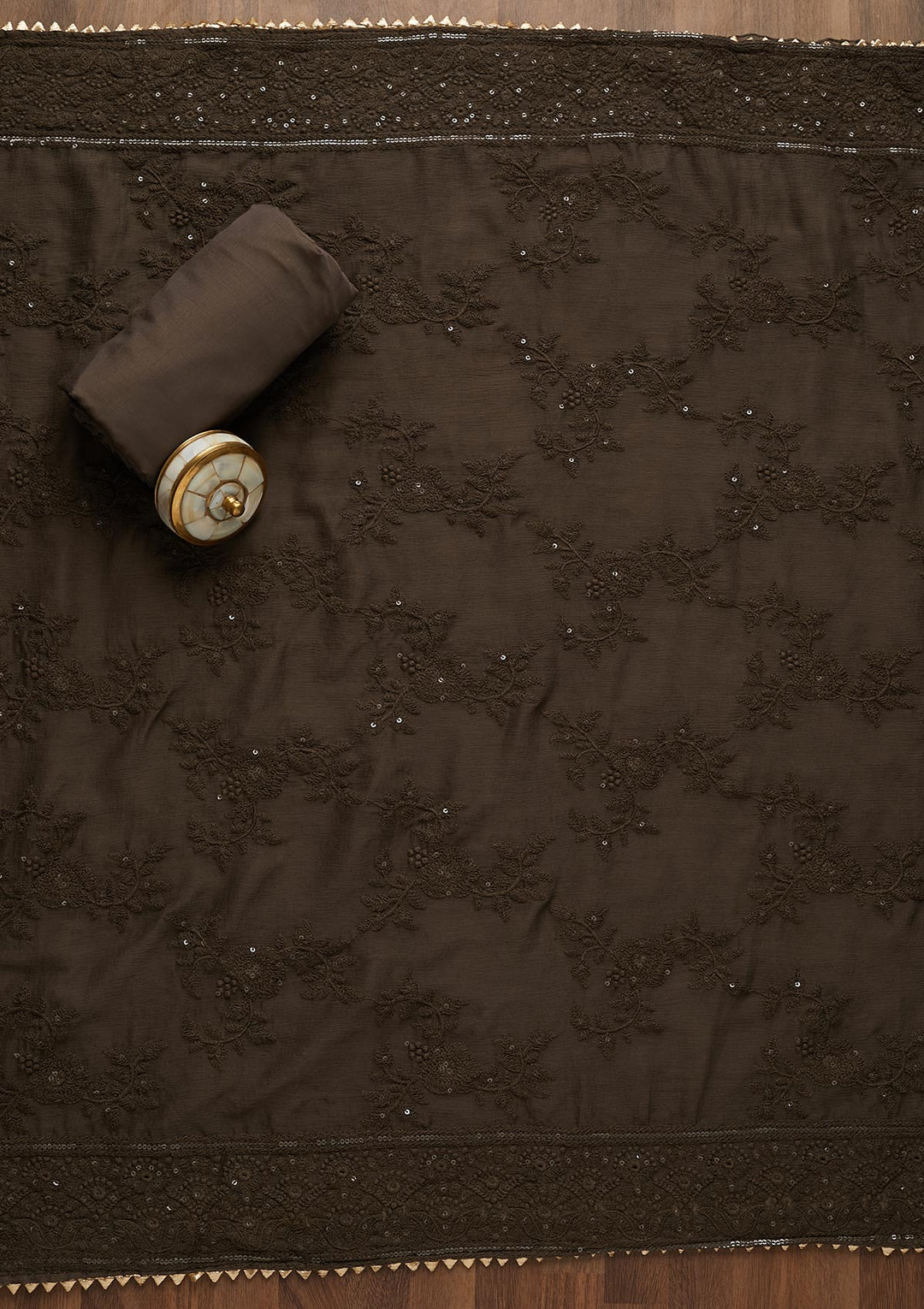 Grey Printed Chanderi Unstitched Salwar Suit-Koskii