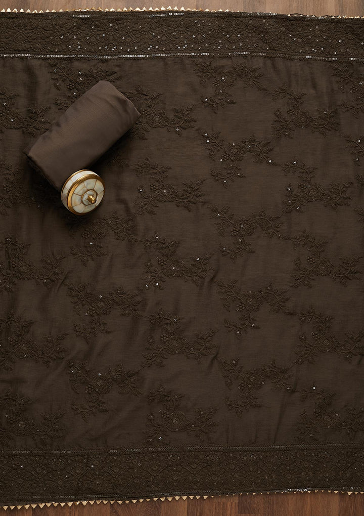 Grey Printed Chanderi Unstitched Salwar Suit-Koskii