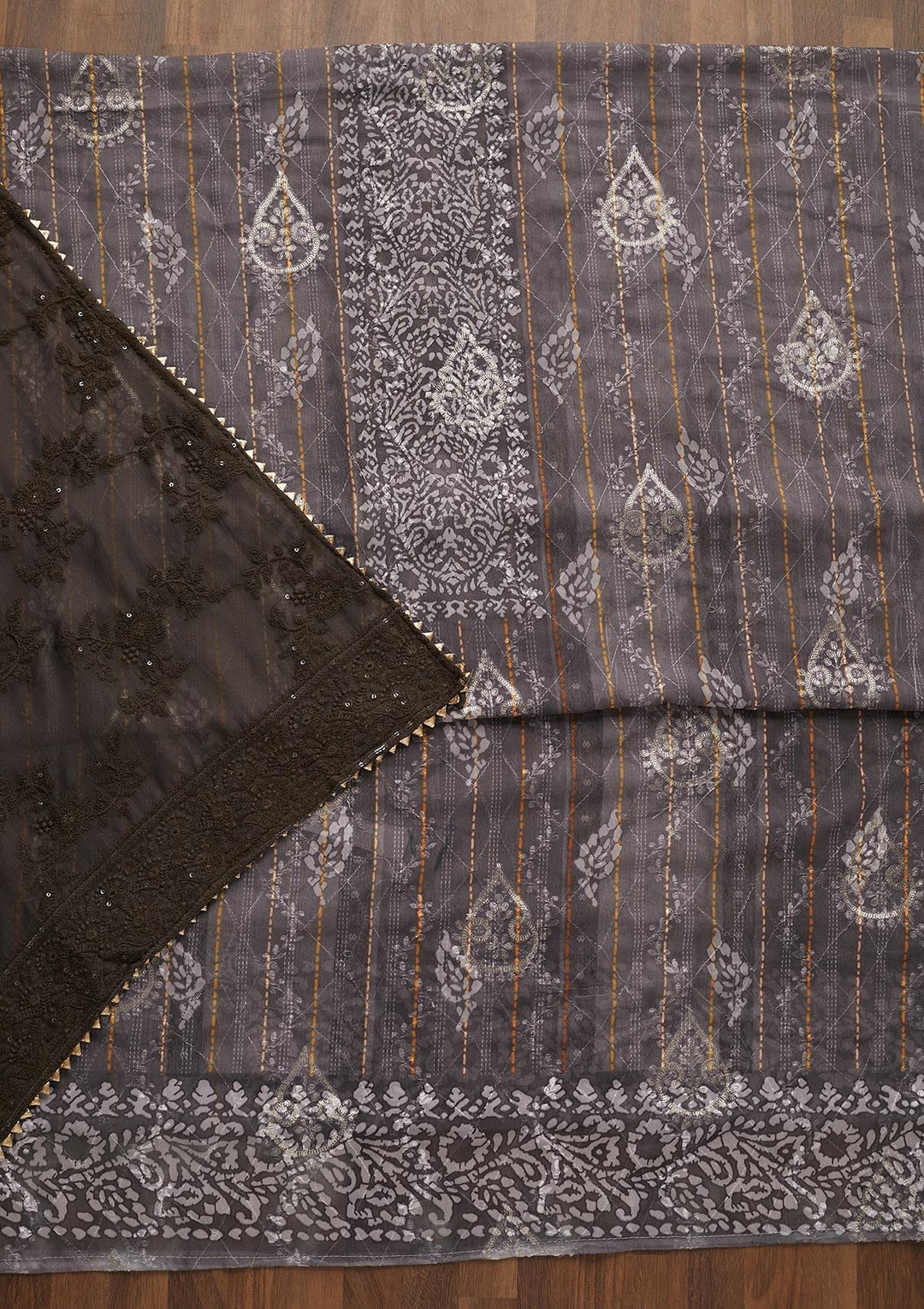 Grey Printed Chanderi Unstitched Salwar Suit-Koskii