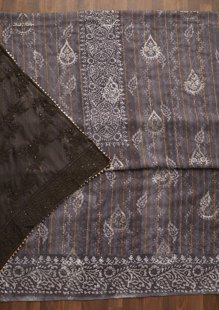 Grey Printed Chanderi Unstitched Salwar Suit-Koskii
