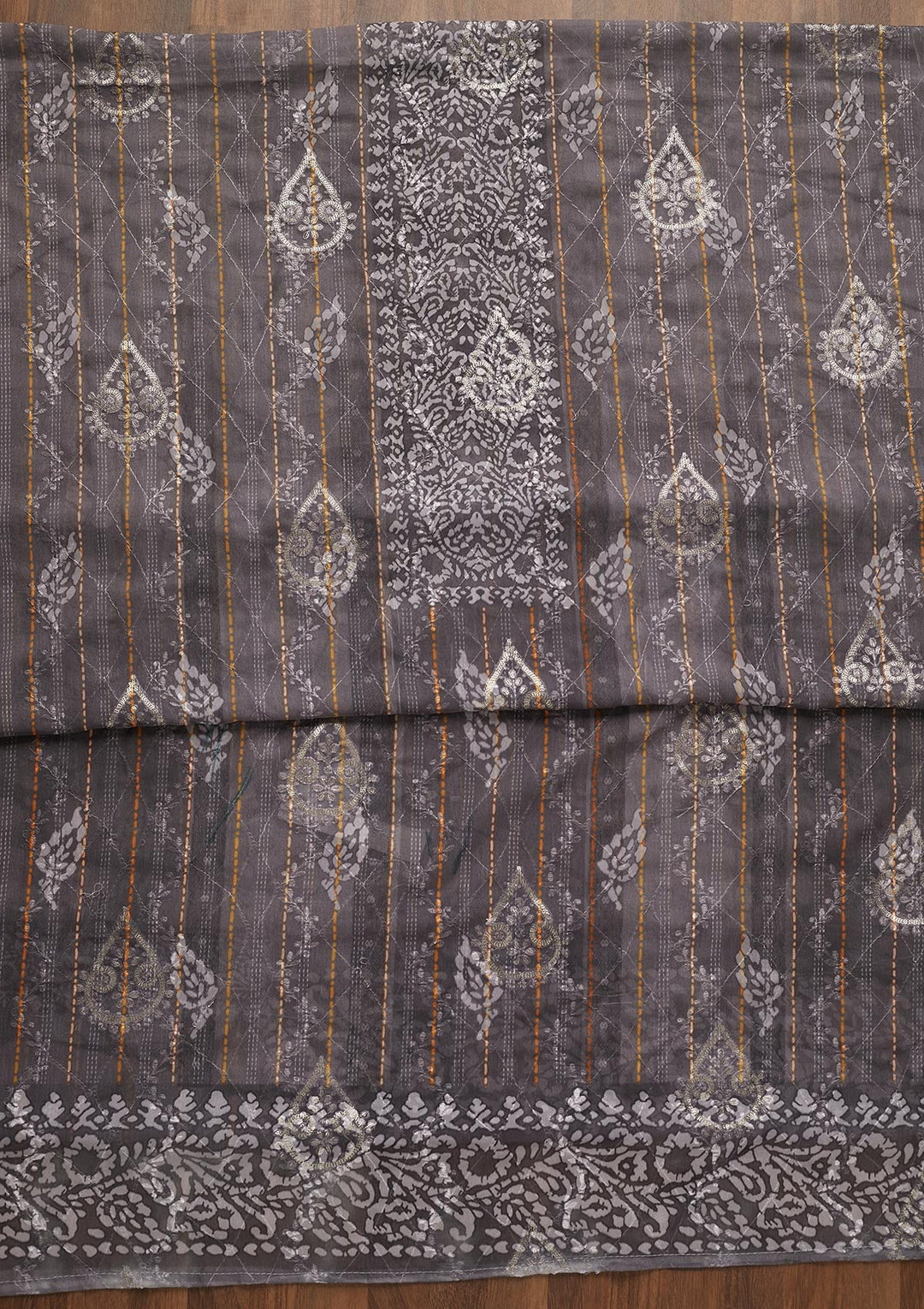 Grey Printed Chanderi Unstitched Salwar Suit-Koskii