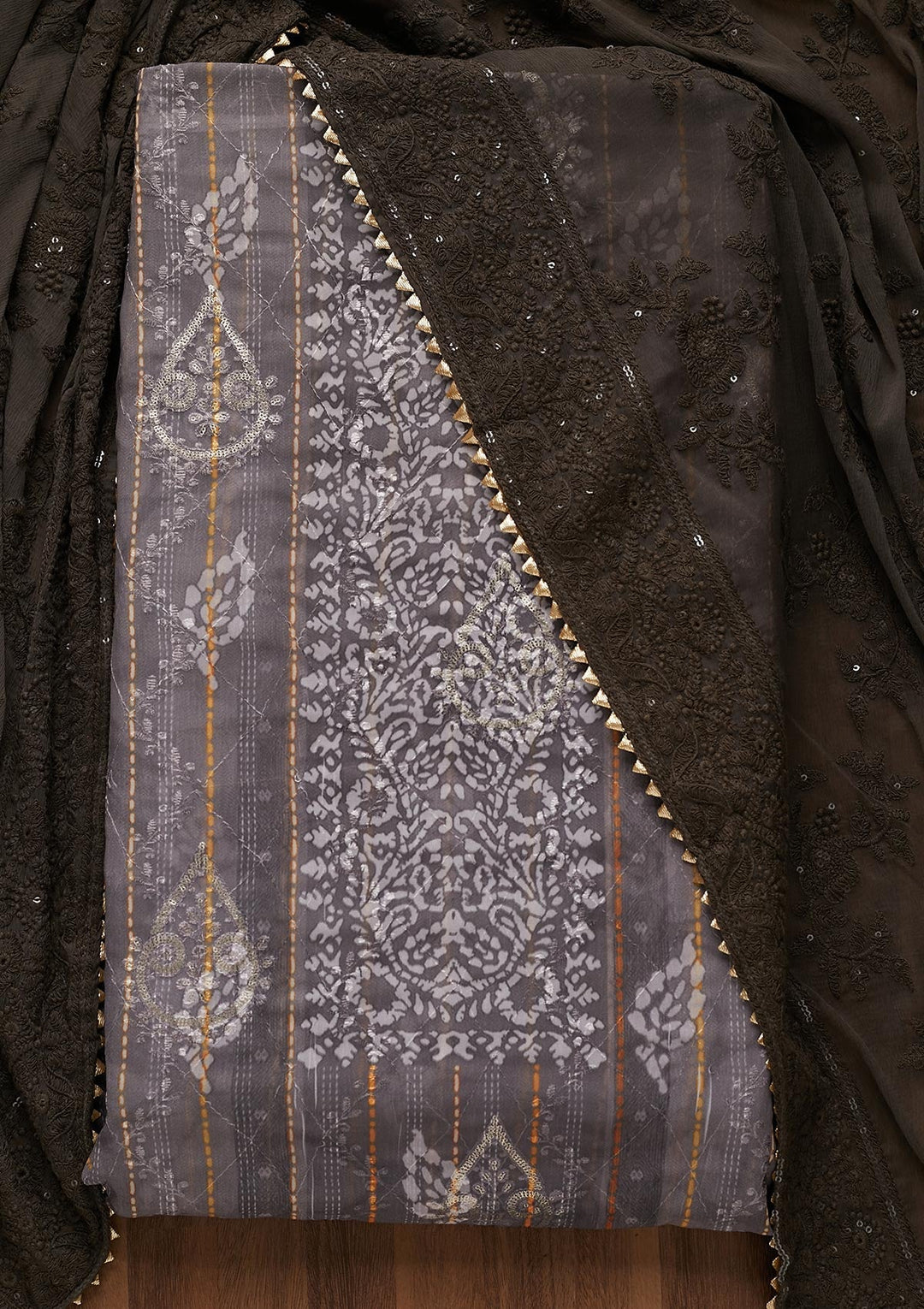 Grey Printed Chanderi Unstitched Salwar Suit-Koskii