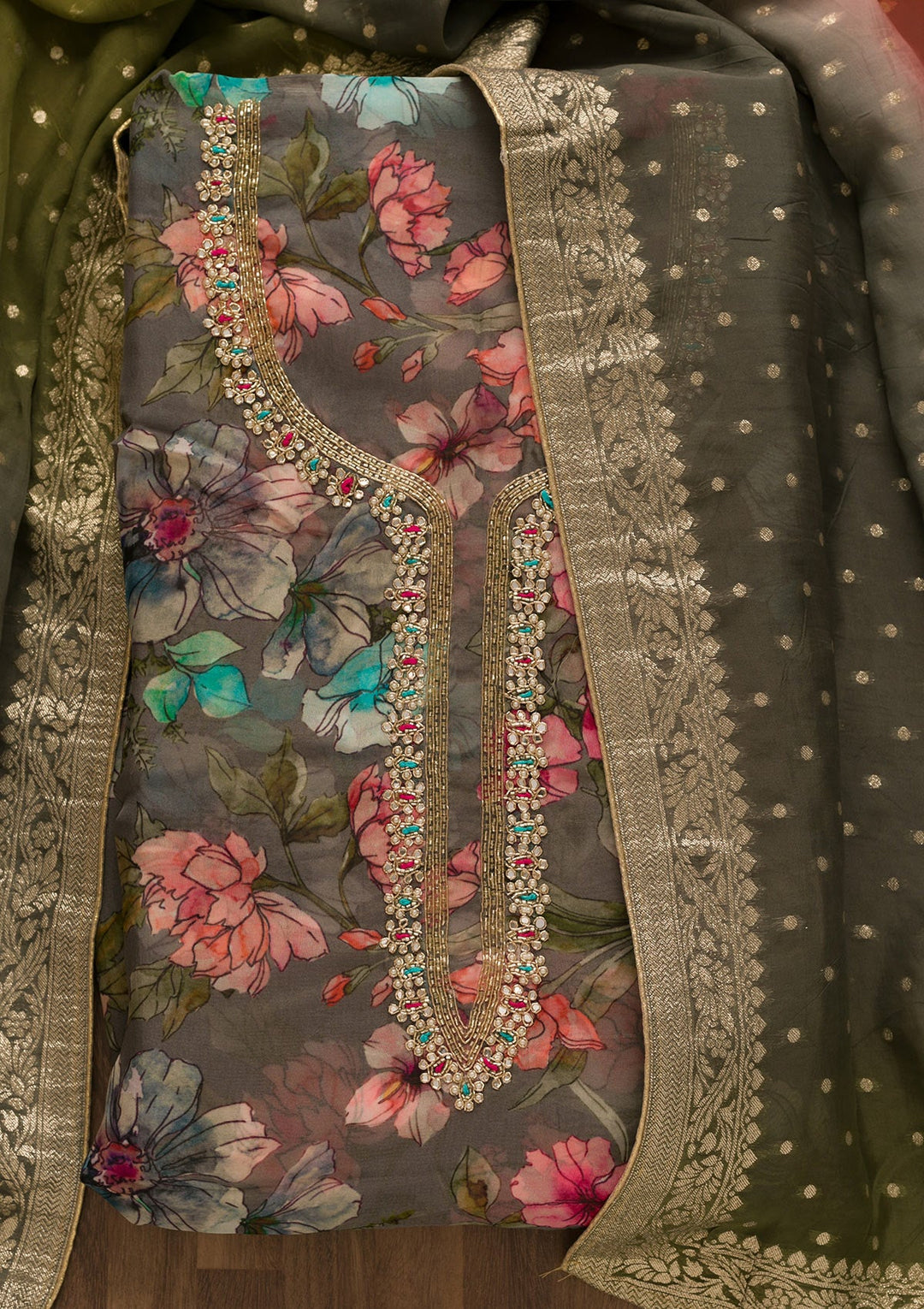 Grey Printed Organza Unstitched Salwar Suit-Koskii