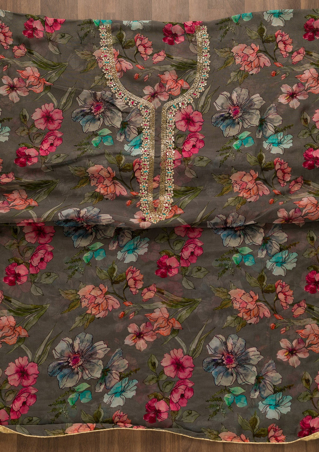 Grey Printed Organza Unstitched Salwar Suit-Koskii