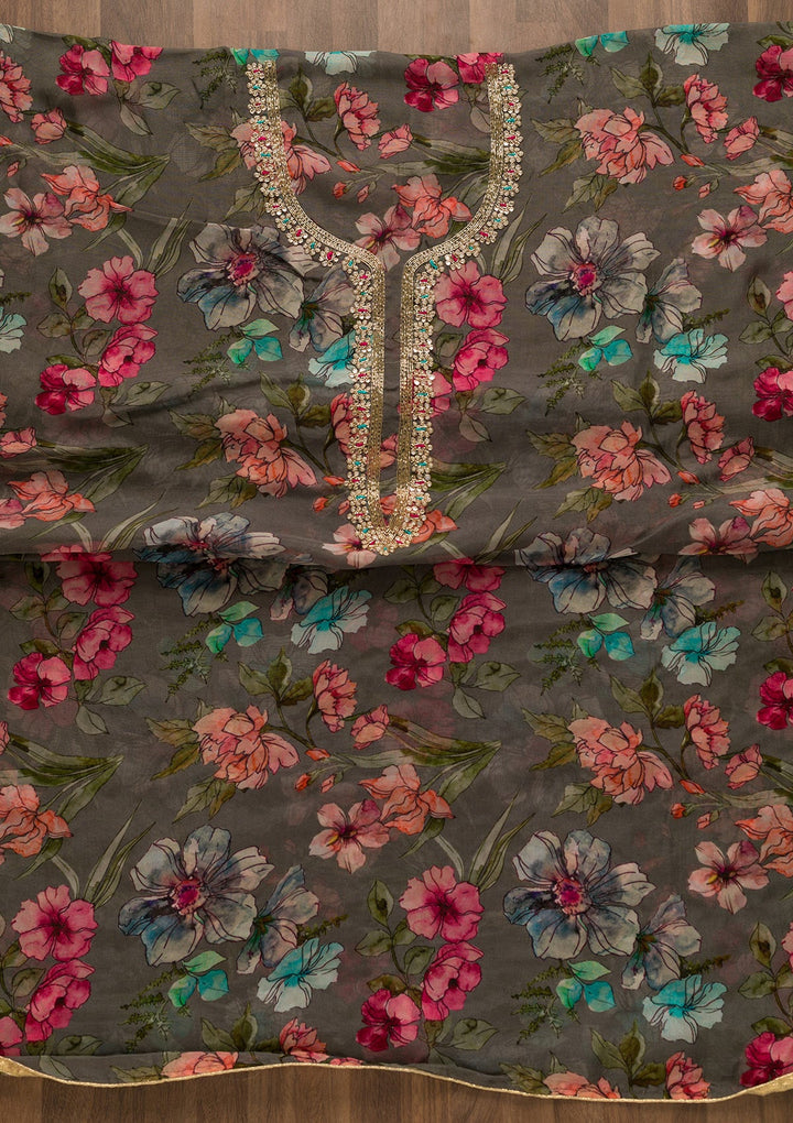 Grey Printed Organza Unstitched Salwar Suit-Koskii