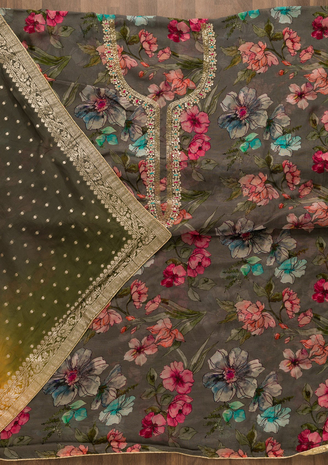 Grey Printed Organza Unstitched Salwar Suit-Koskii