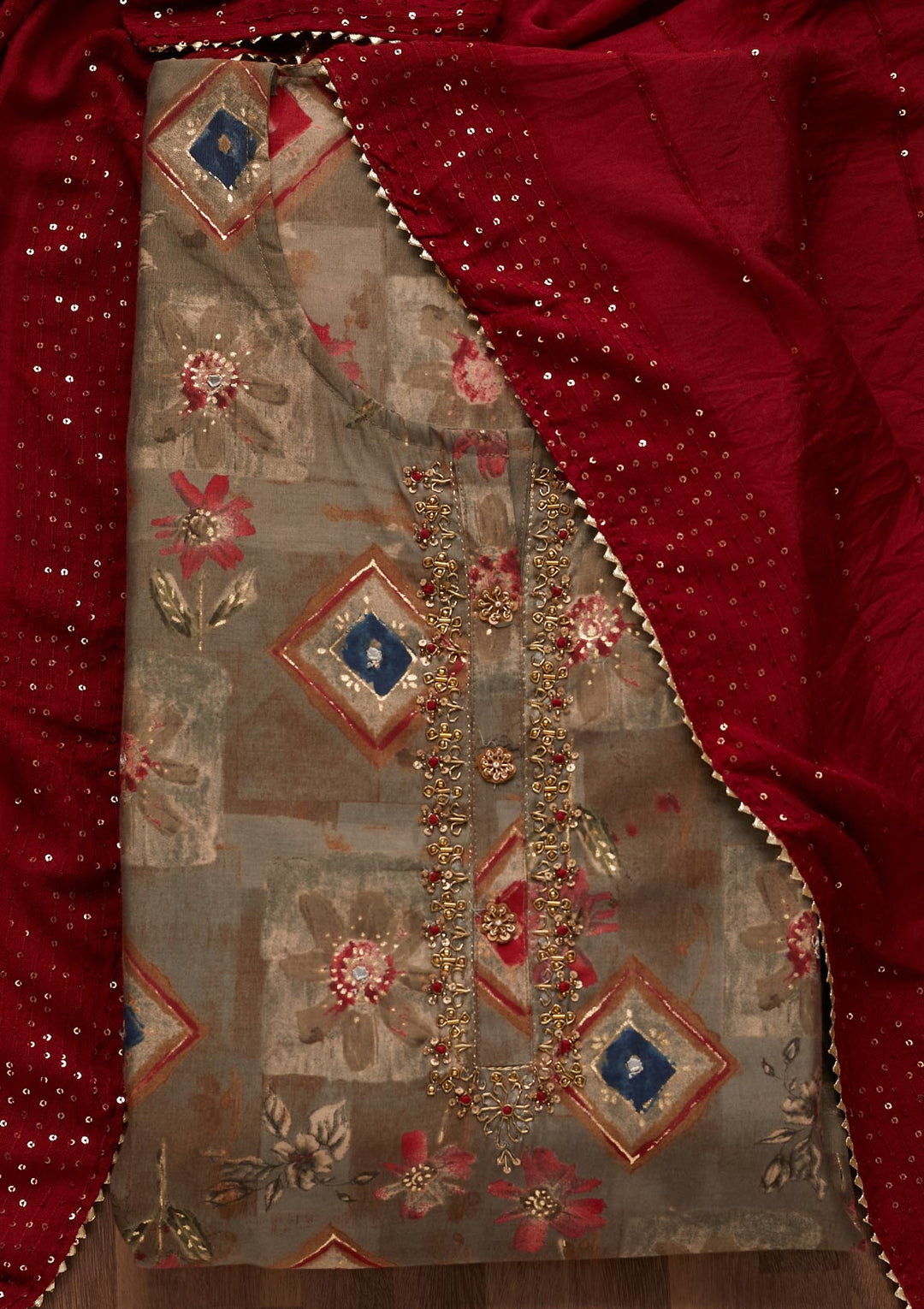 Grey Printed Semi Crepe Semi-Stitched Salwar Suit - Koskii