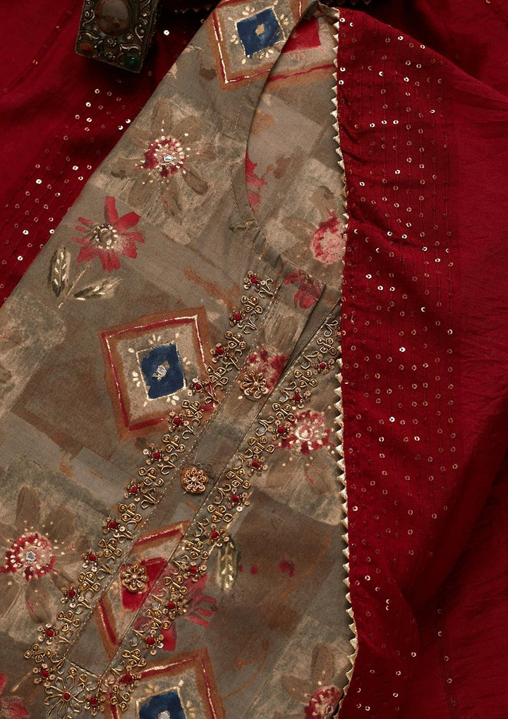 Grey Printed Semi Crepe Semi-Stitched Salwar Suit - Koskii