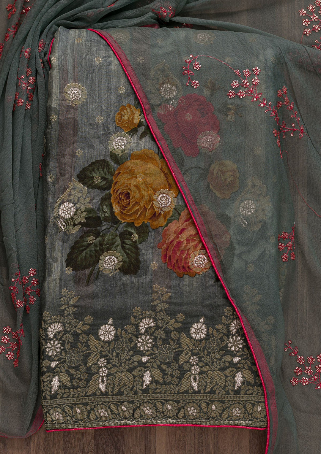 Grey Printed Semi Crepe Unstitched Salwar Suit-Koskii