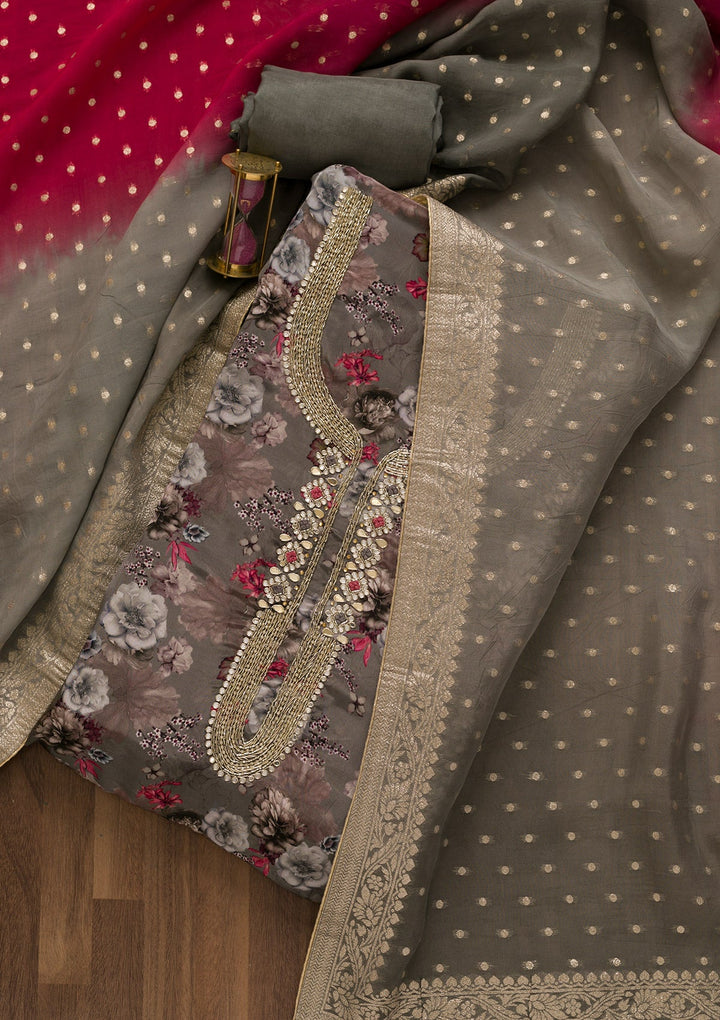 Grey Printed Tissue Unstitched Salwar Kameez-Koskii
