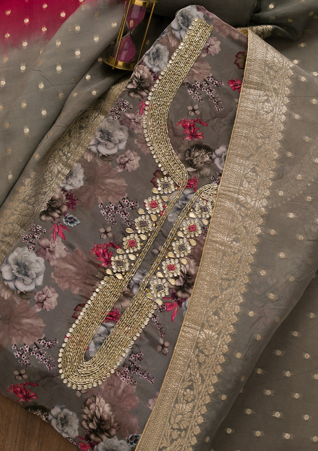Grey Printed Tissue Unstitched Salwar Kameez-Koskii