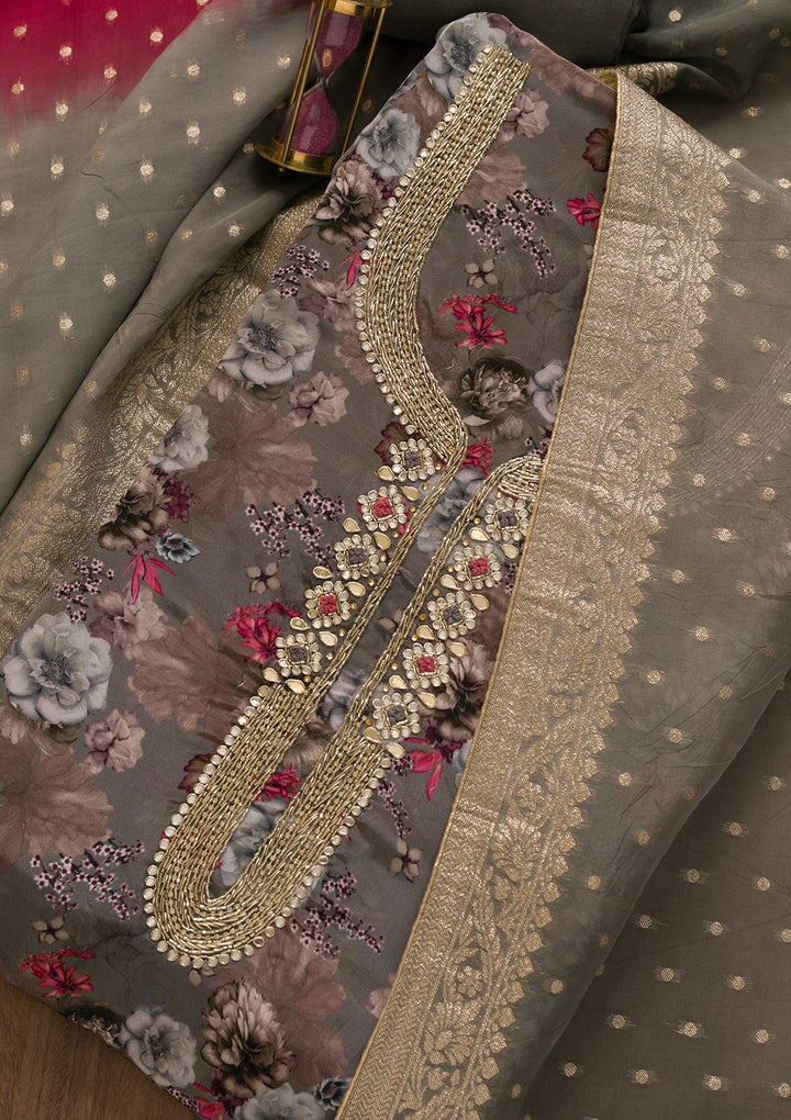 Grey Printed Tissue Unstitched Salwar Kameez-Koskii