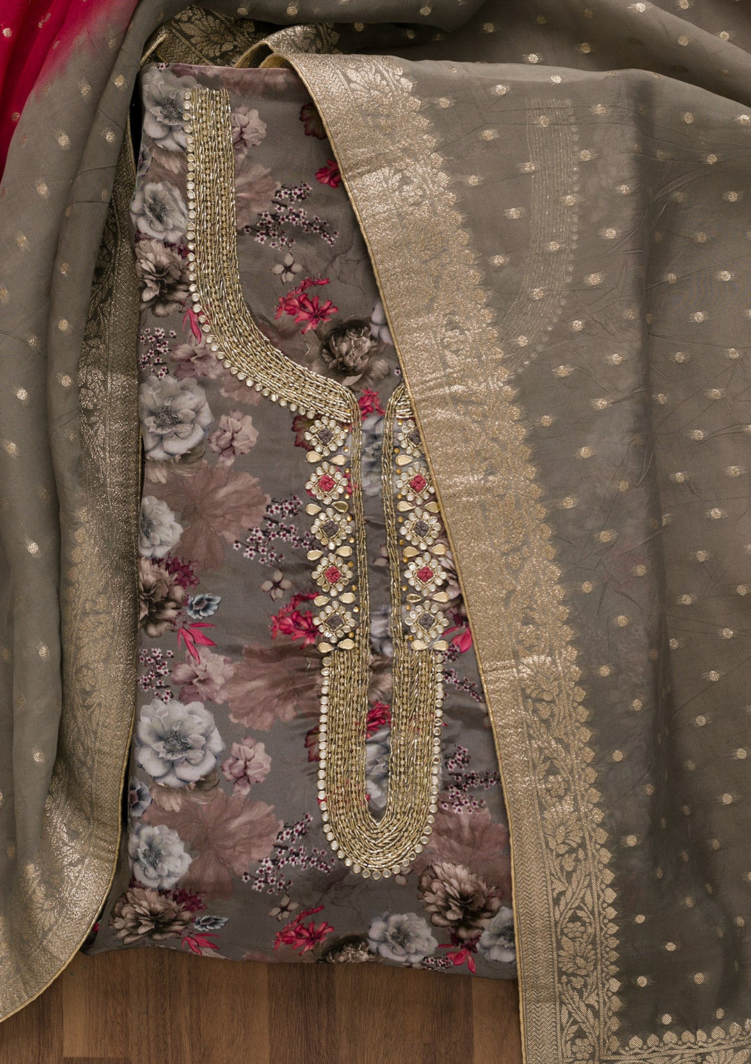 Grey Printed Tissue Unstitched Salwar Kameez-Koskii