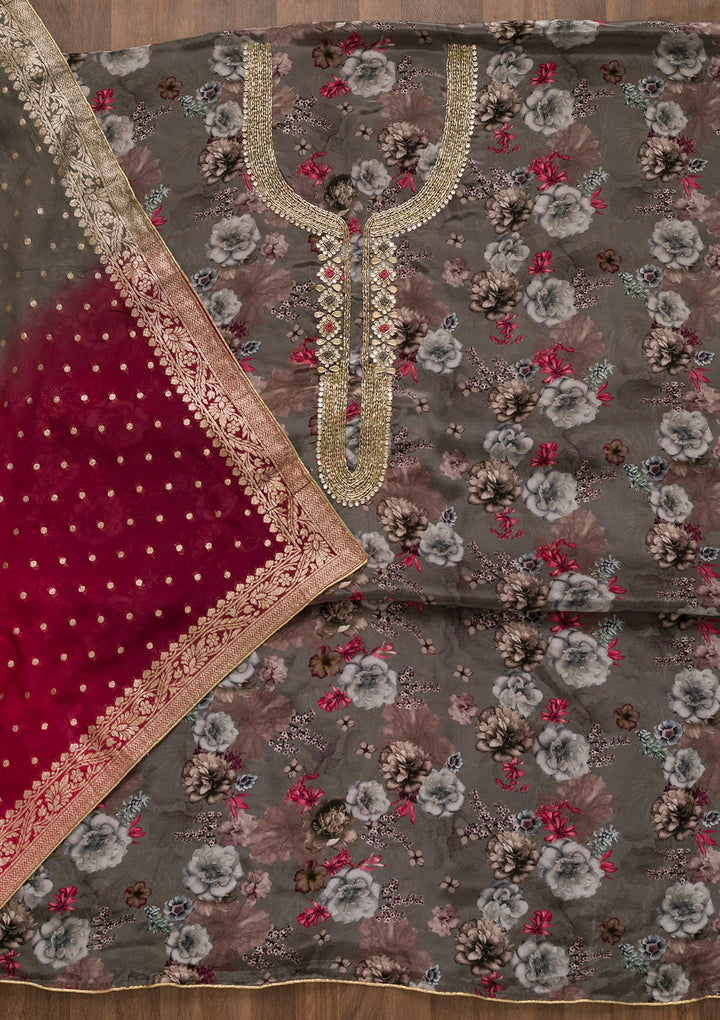 Grey Printed Tissue Unstitched Salwar Kameez-Koskii