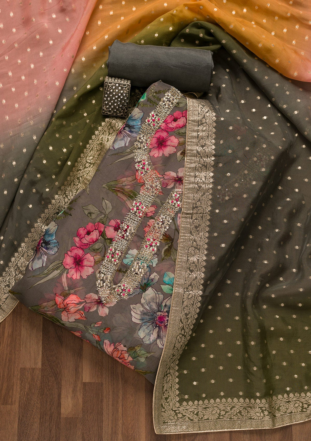 Grey Printed Tissue Unstitched Salwar Kameez-Koskii