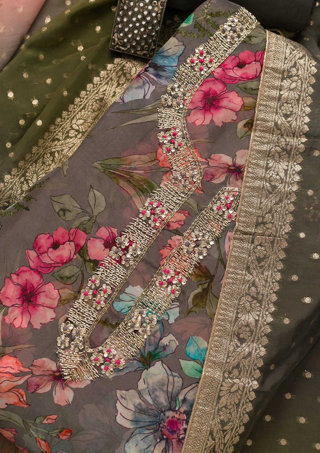 Grey Printed Tissue Unstitched Salwar Kameez-Koskii