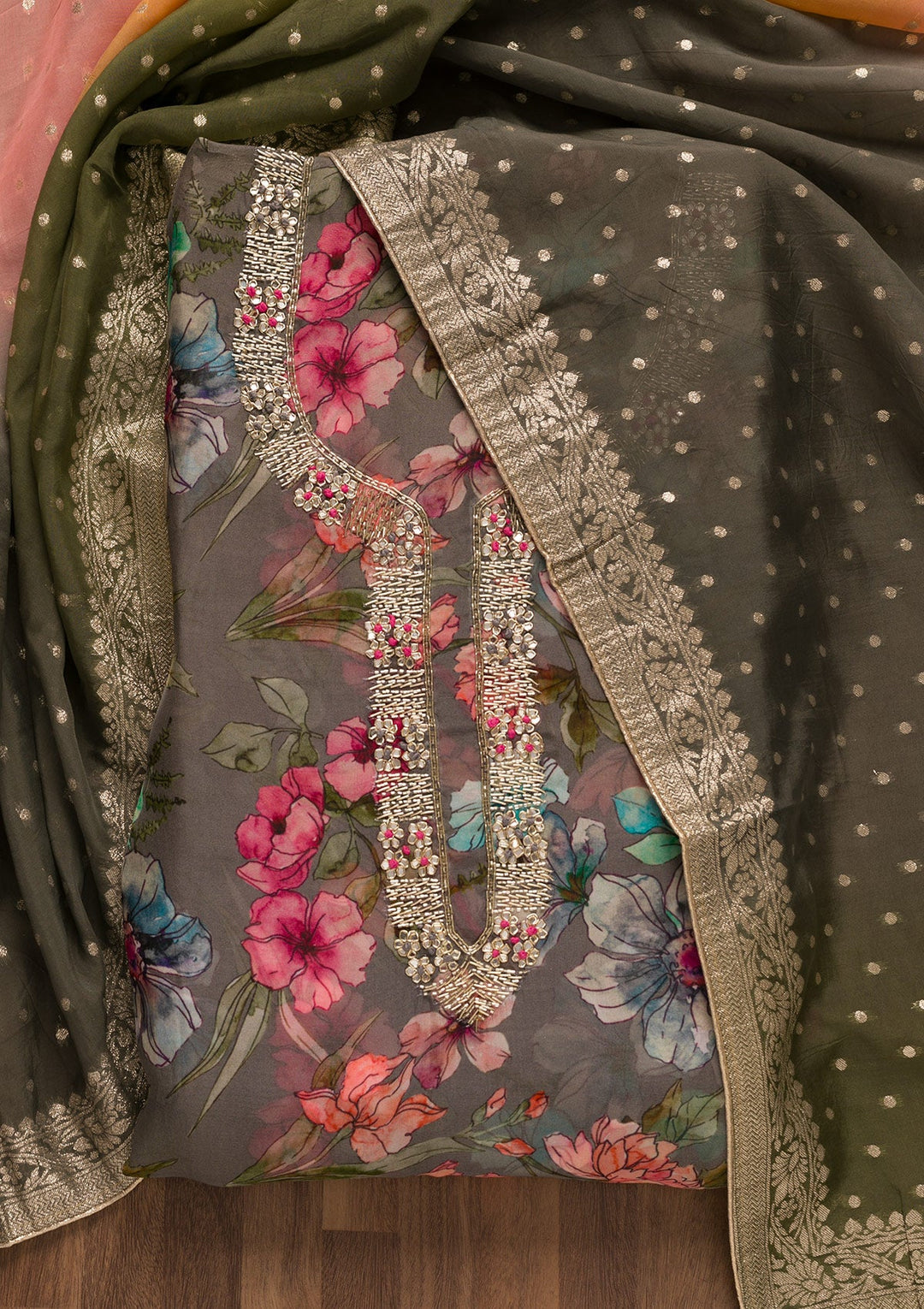 Grey Printed Tissue Unstitched Salwar Kameez-Koskii