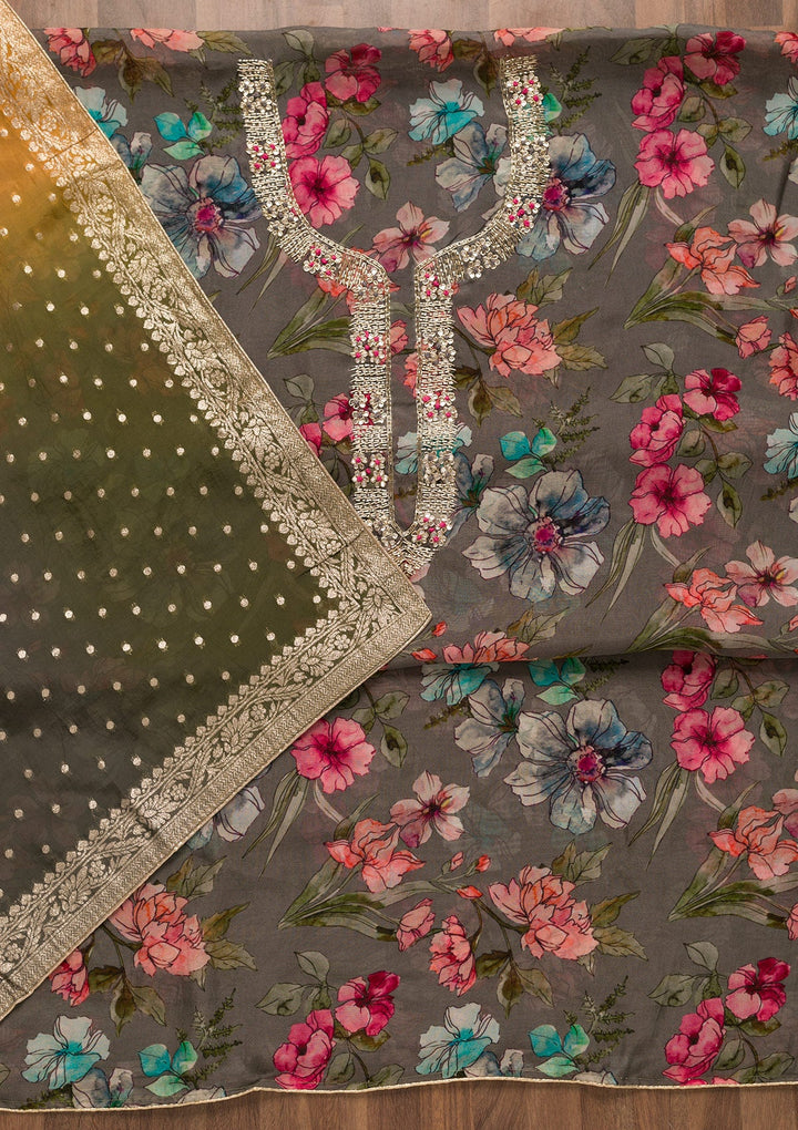 Grey Printed Tissue Unstitched Salwar Kameez-Koskii